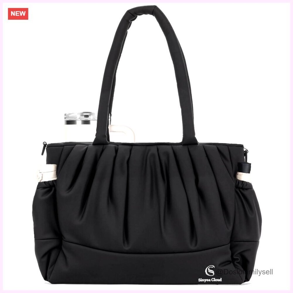 Puffer Tote Bag with Laptop Compartment & Cup Holder, Washable Travel Work Bag